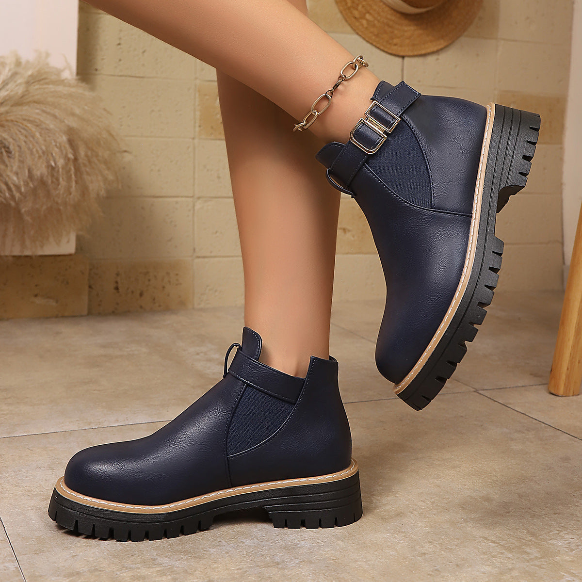 Women's Chelsea Ankle Boots Buckle Strap Elastic-Gore Lug-Sole