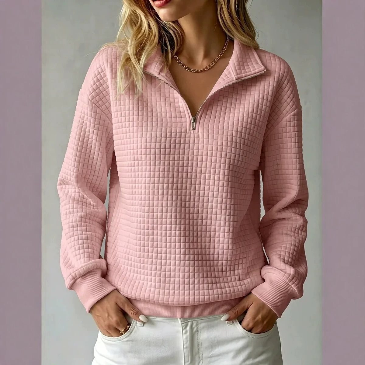Women's Waffle Quilted Half-Zip Sweatshirt Collared Drop-Shoulder Relaxed Textured