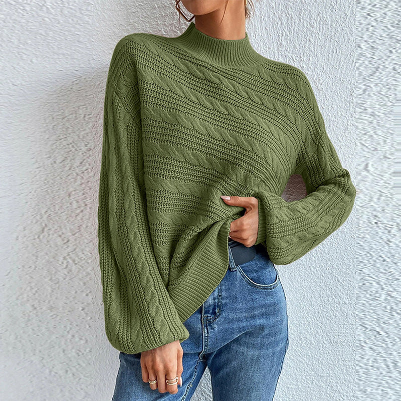 Women's Cable Knit Mock Neck Sweater Bishop Sleeve Textured Relaxed