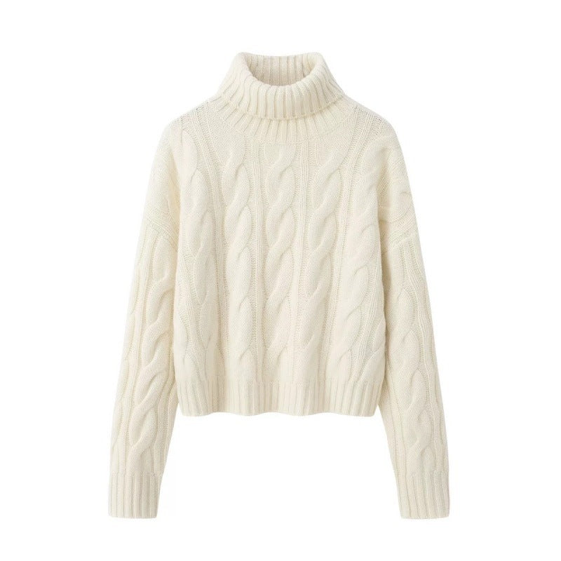 Women's Cropped Cable Knit Turtleneck Sweater Chunky Textured Relaxed