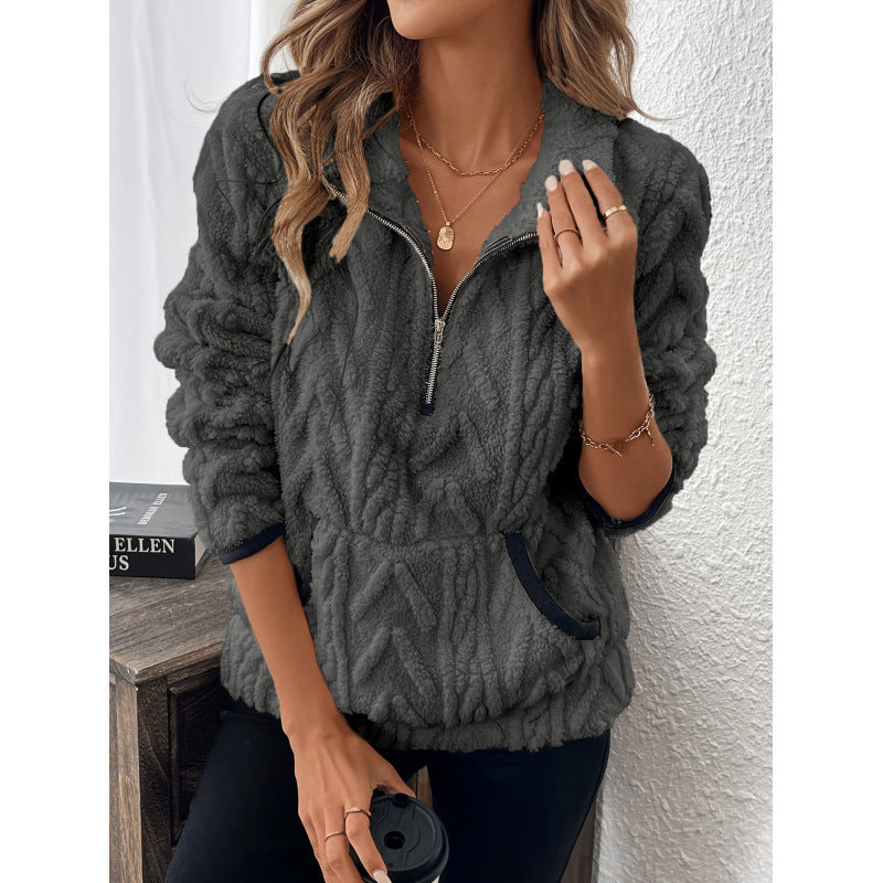 Women's Sherpa Fleece Quarter-Zip Pullover Textured Stand Collar Kangaroo-Pocket