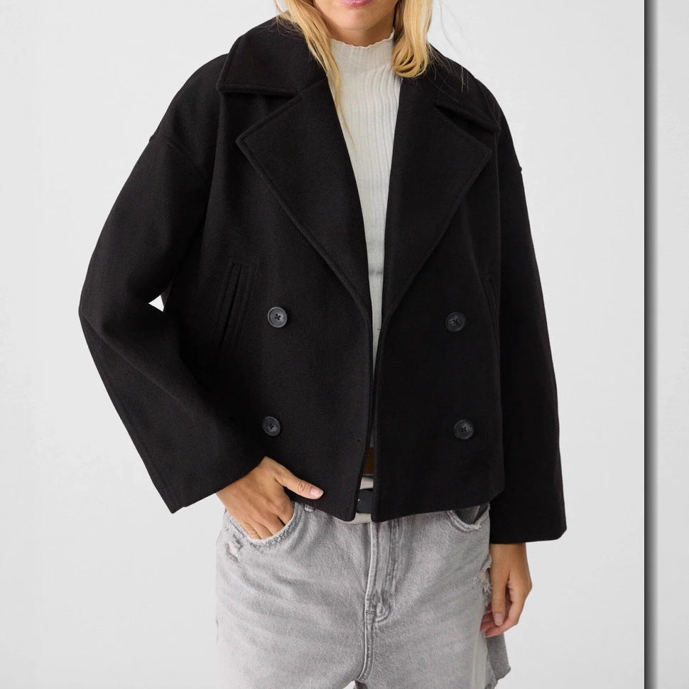 Women's Short Double-Breasted Wool Blend Peacoat with Oversized Lapels and Boxy Silhouette