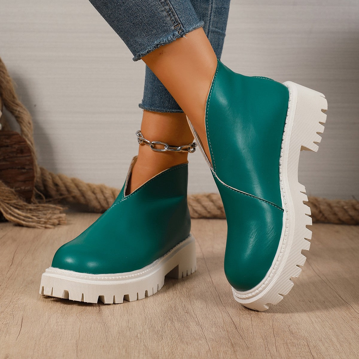 Women's Platform Chelsea Ankle Boots V-Cut Chunky Lug-Sole Slip-On