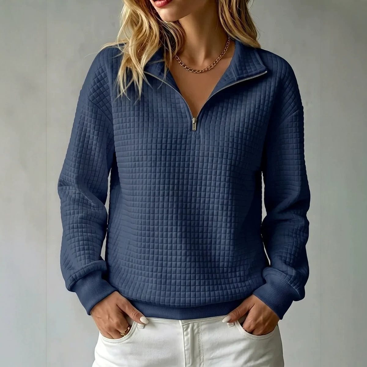 Women's Waffle Quilted Half-Zip Sweatshirt Collared Drop-Shoulder Relaxed Textured
