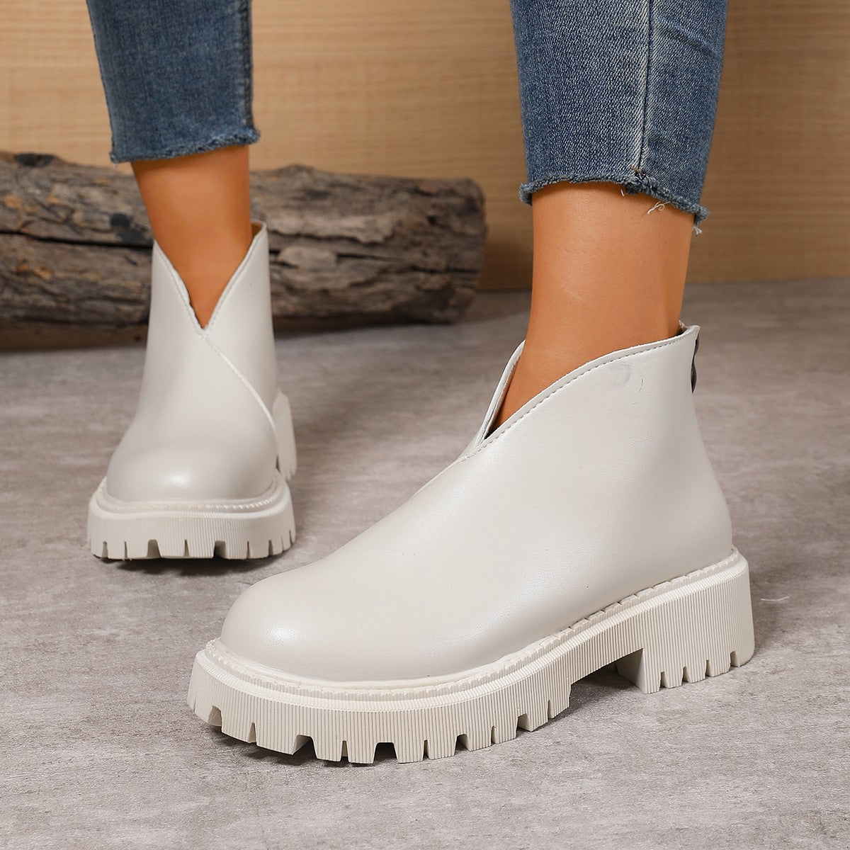 Women's Platform Chelsea Ankle Boots V-Cut Chunky Lug-Sole Slip-On