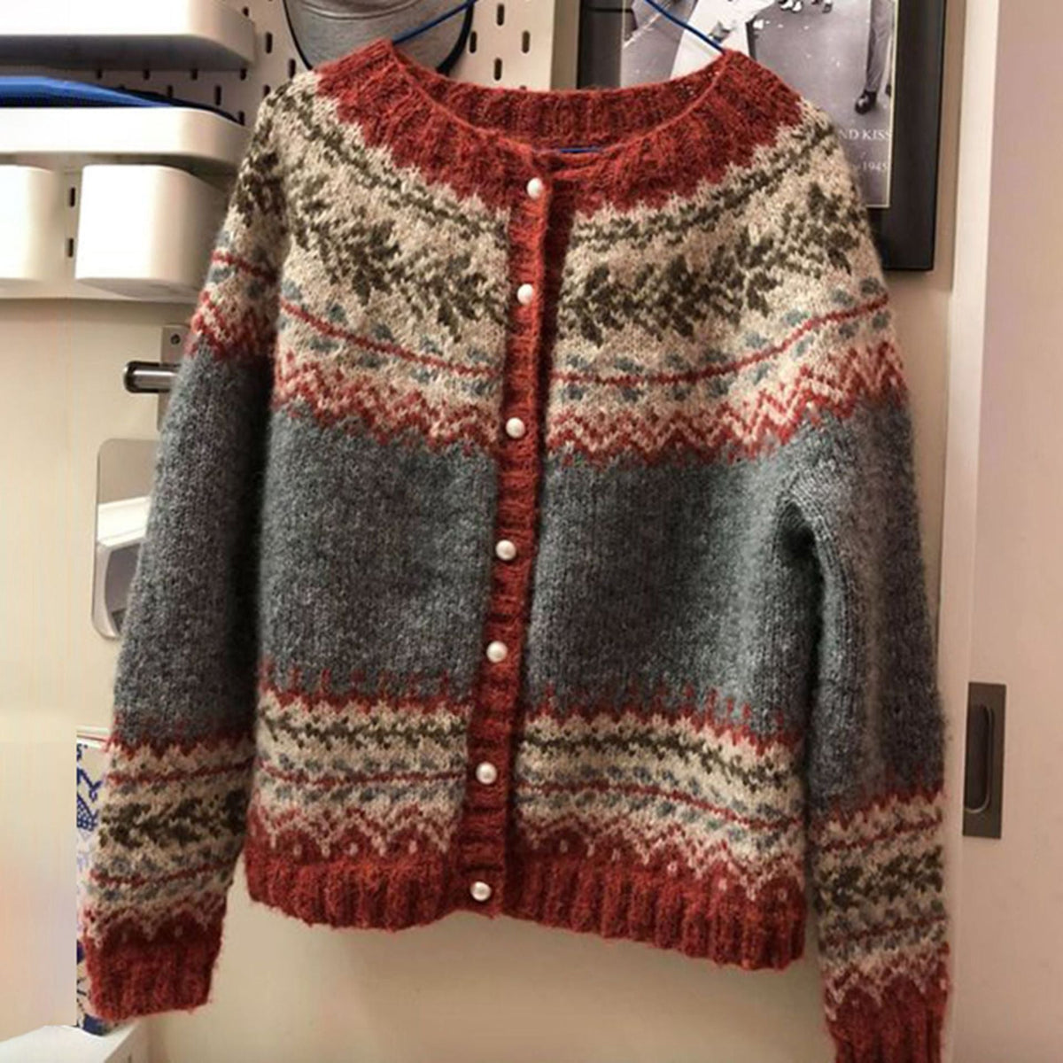 Women's Fair Isle Knit Cardigan Round Neck Button-Front Nordic Relaxed