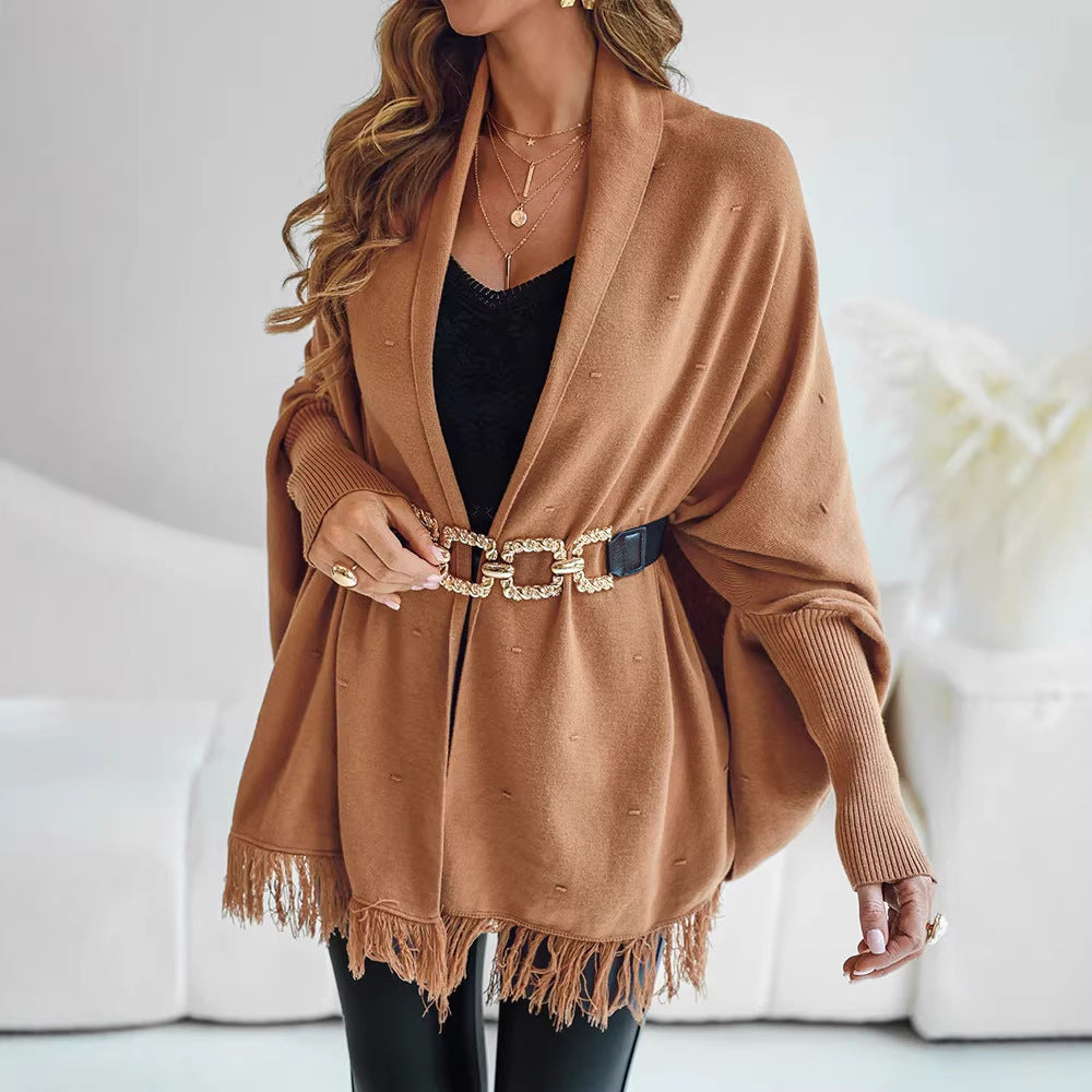 Women's Knit Poncho Cape Fringe Hem Batwing Shawl-Collar Camel