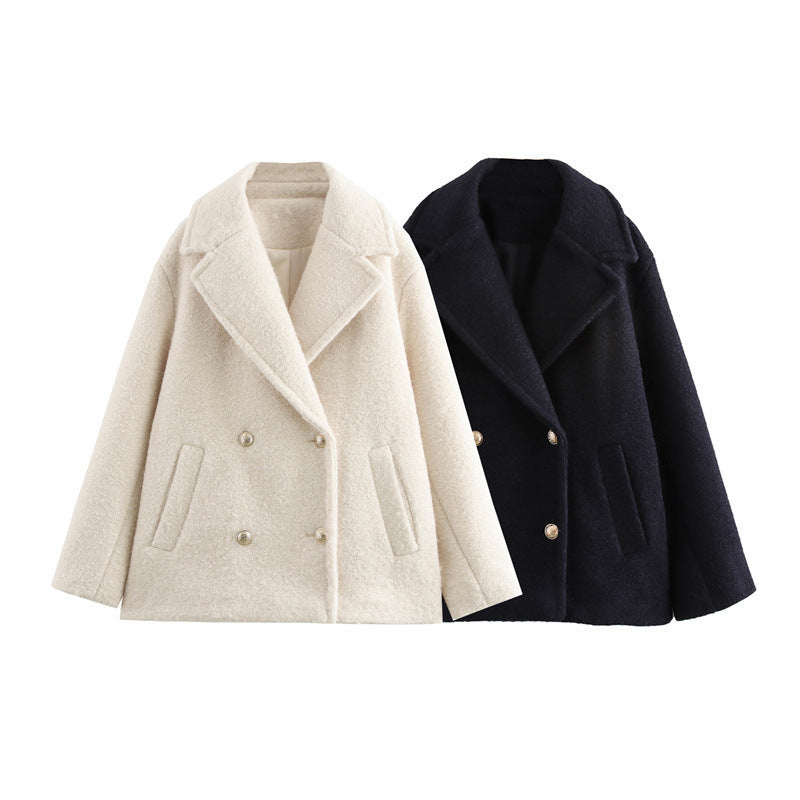 Women's Short Double-Breasted Wool Peacoat Notch Lapel Boxy Classic