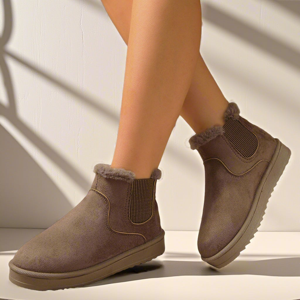 Women's Suede Chelsea Winter Booties Faux-Fur-Lined Elastic-Gore Platform