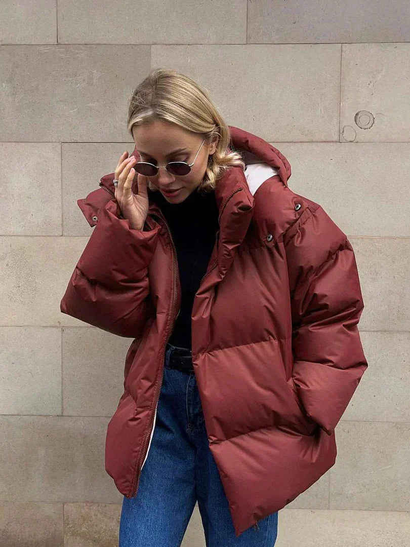 Women's Oversized Hooded Puffer Jacket Stand Collar Full-Zip Chunky
