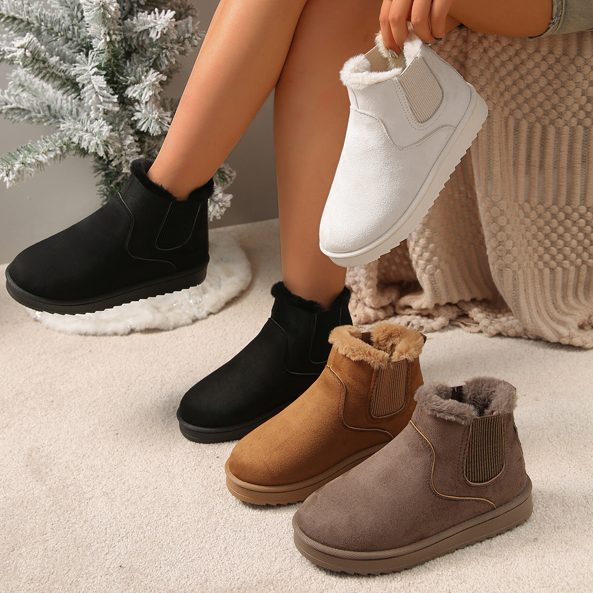 Women's Suede Chelsea Winter Booties Faux-Fur-Lined Elastic-Gore Platform