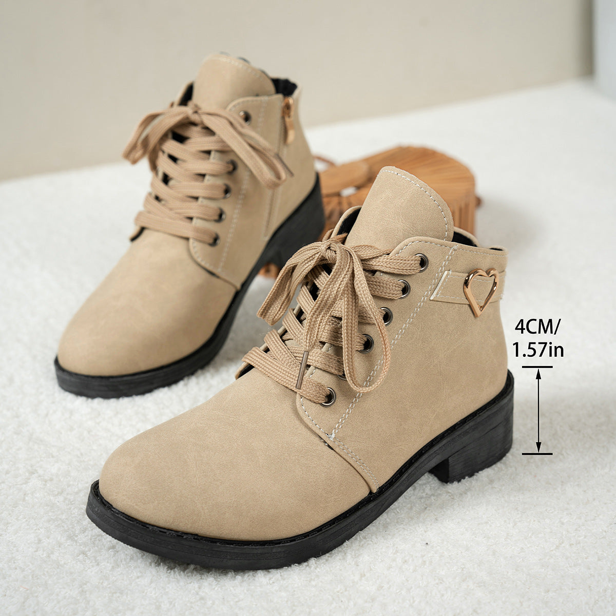 Women's Suede Lace-Up Ankle Boots Heart-Buckle Block-Heel Round-Toe