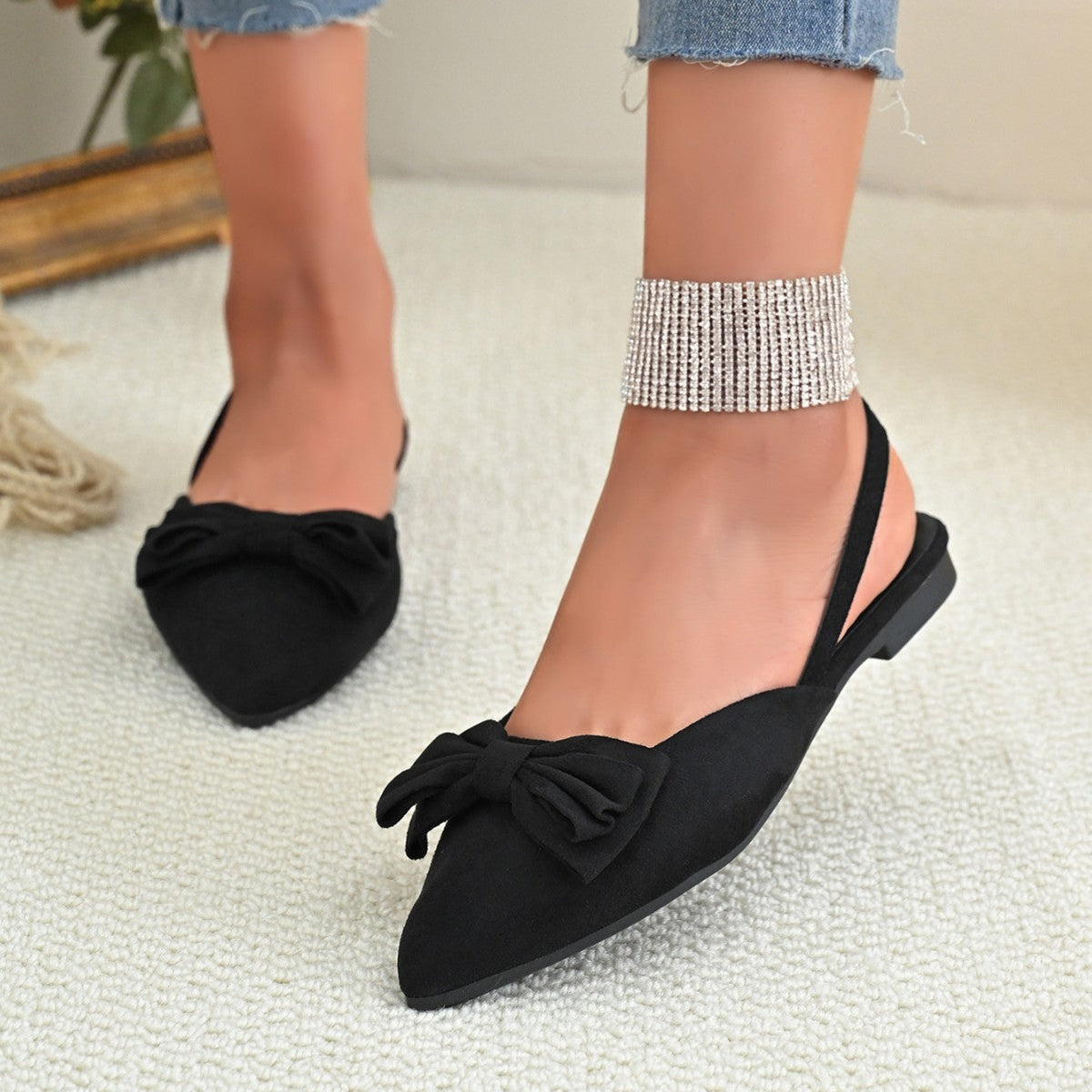 Women's Pointed Toe Ballet Flats Bow Suede D'Orsay Slip-On Comfort