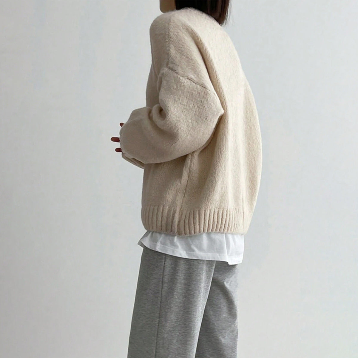 Women's Wool Blend Crewneck Sweater Oversized Drop-Shoulder Ribbed Relaxed