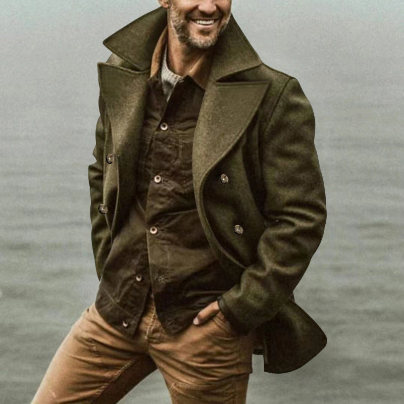Men's Wool Blend Peacoat Double-Breasted Wide Lapel Mid-Length Tailored