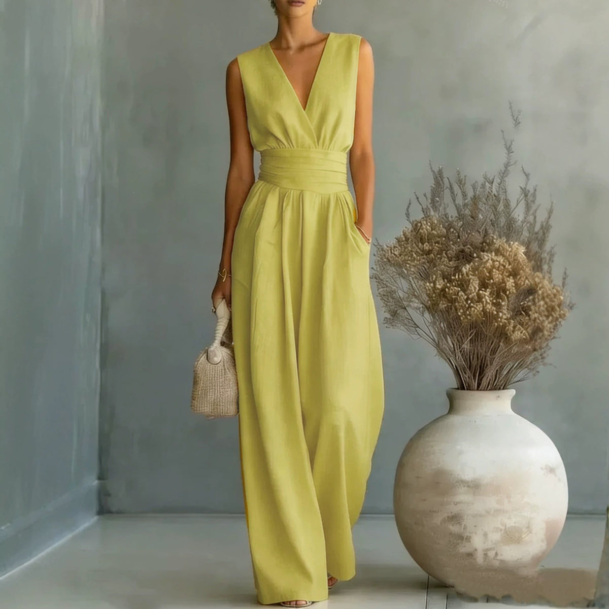 Women's Wide Leg Jumpsuit Sleeveless V-Neck Twist-Front Wrap Flowy Elegant