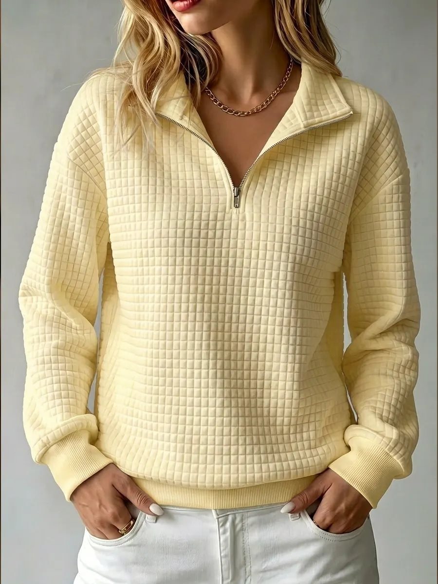 Women's Waffle Quilted Half-Zip Sweatshirt Collared Drop-Shoulder Relaxed Textured
