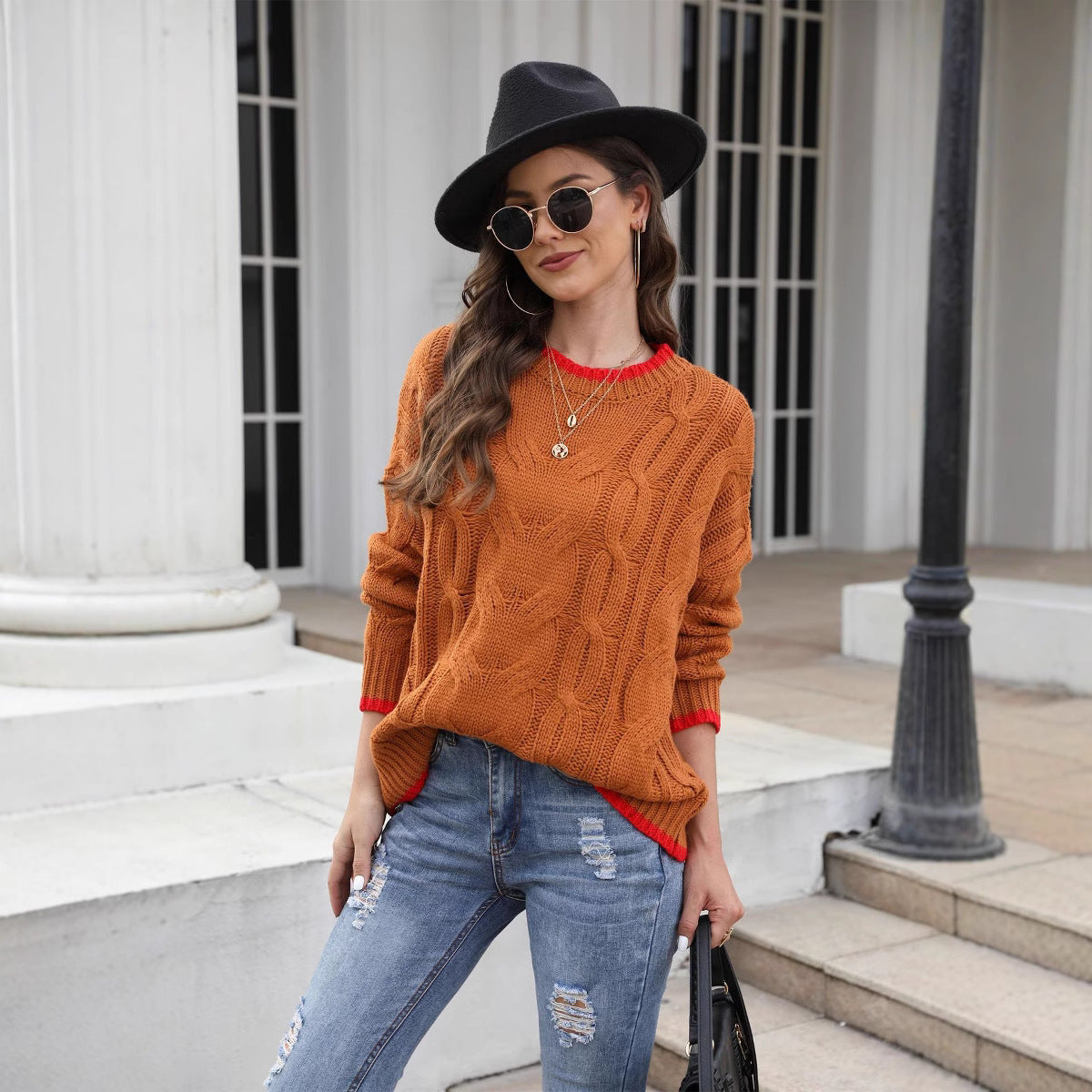 Women's Chunky Cable Knit Sweater Crewneck Contrast-Tip Oversized Relaxed Pullover