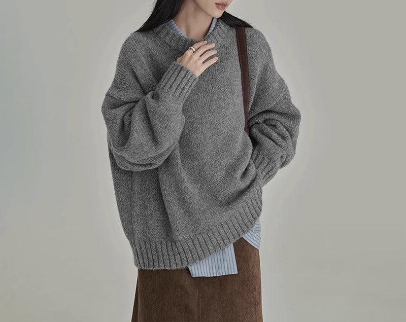 Women's Wool Blend Crewneck Sweater Oversized Drop-Shoulder Ribbed Relaxed