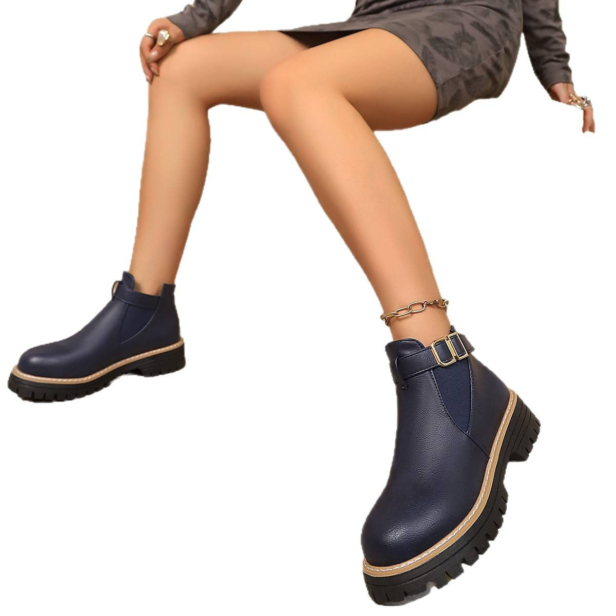 Women's Chelsea Ankle Boots Buckle Strap Elastic-Gore Lug-Sole