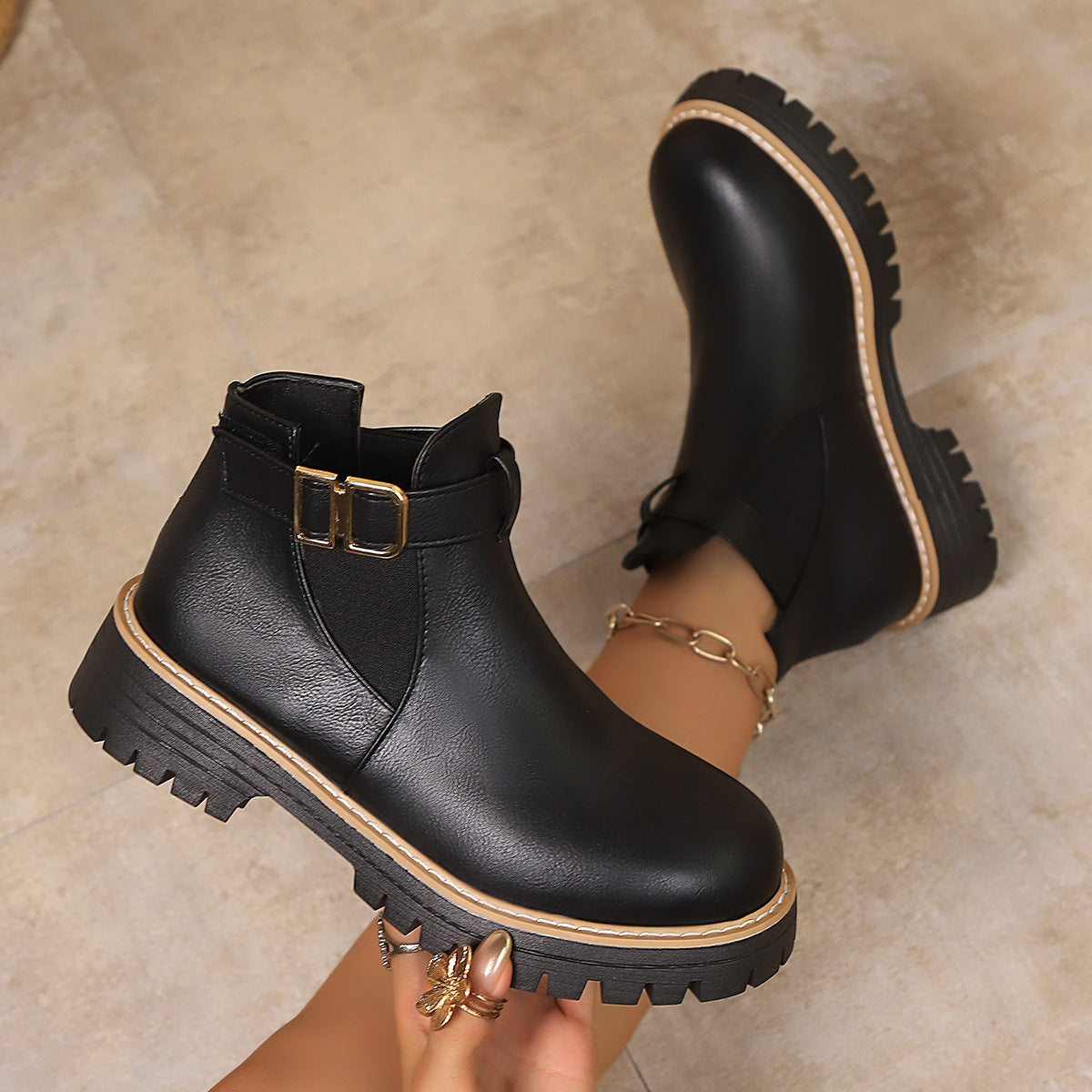 Women's Chelsea Ankle Boots Buckle Strap Elastic-Gore Lug-Sole