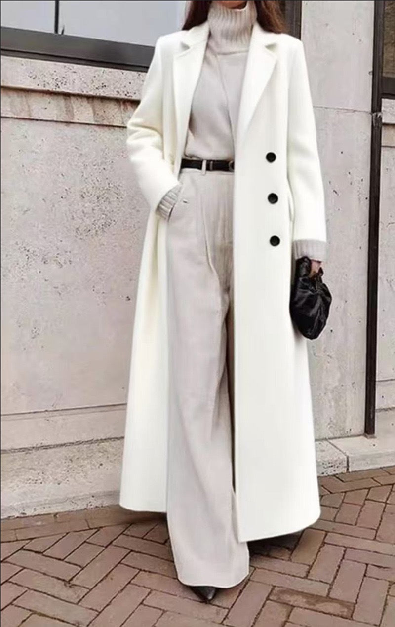 Women's Double-Breasted Wool Coat Notch Lapel Maxi Tailored Longline