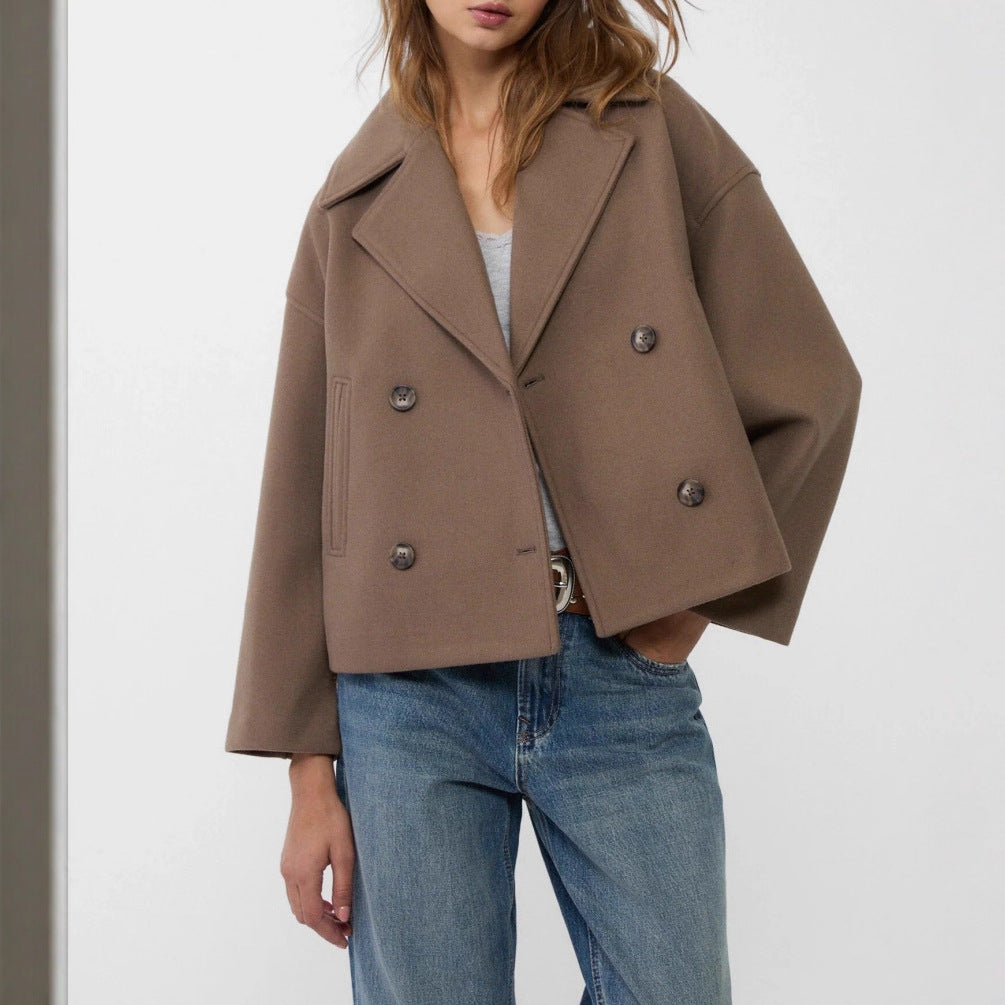 Women's Short Double-Breasted Wool Blend Peacoat with Oversized Lapels and Boxy Silhouette