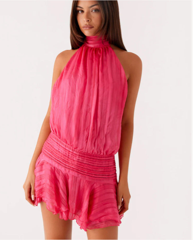 Women's Satin Halter Mini Dress High Neck Ruffle Hem Pleated Padded