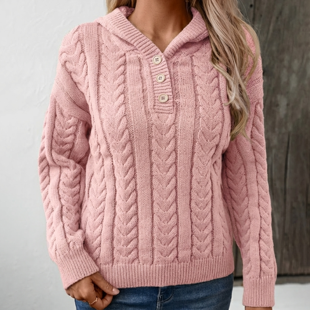 Women's Cable Knit Hooded Sweater Button-Placket Henley Relaxed Pullover Cozy