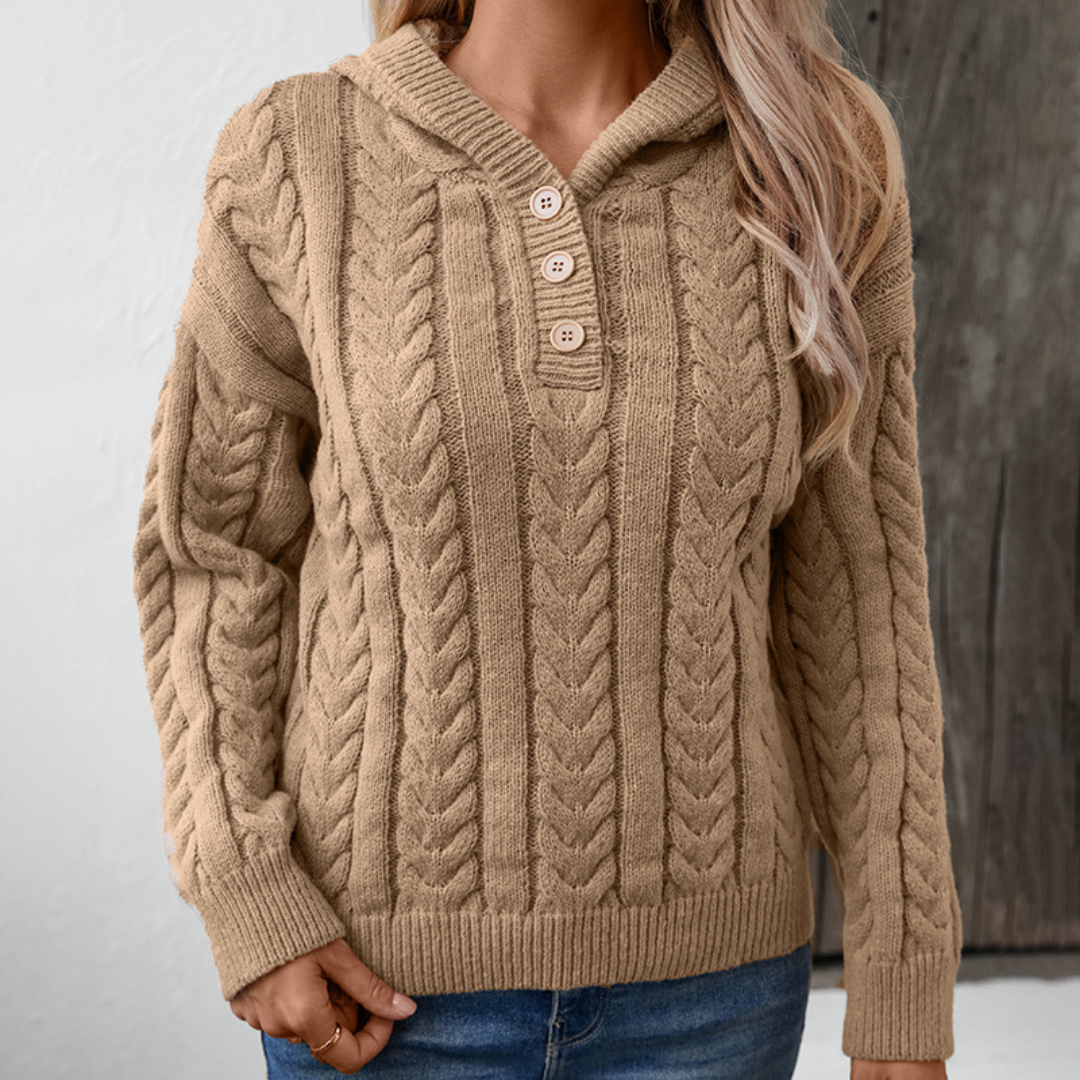 Women's Cable Knit Hooded Sweater Button-Placket Henley Relaxed Pullover Cozy