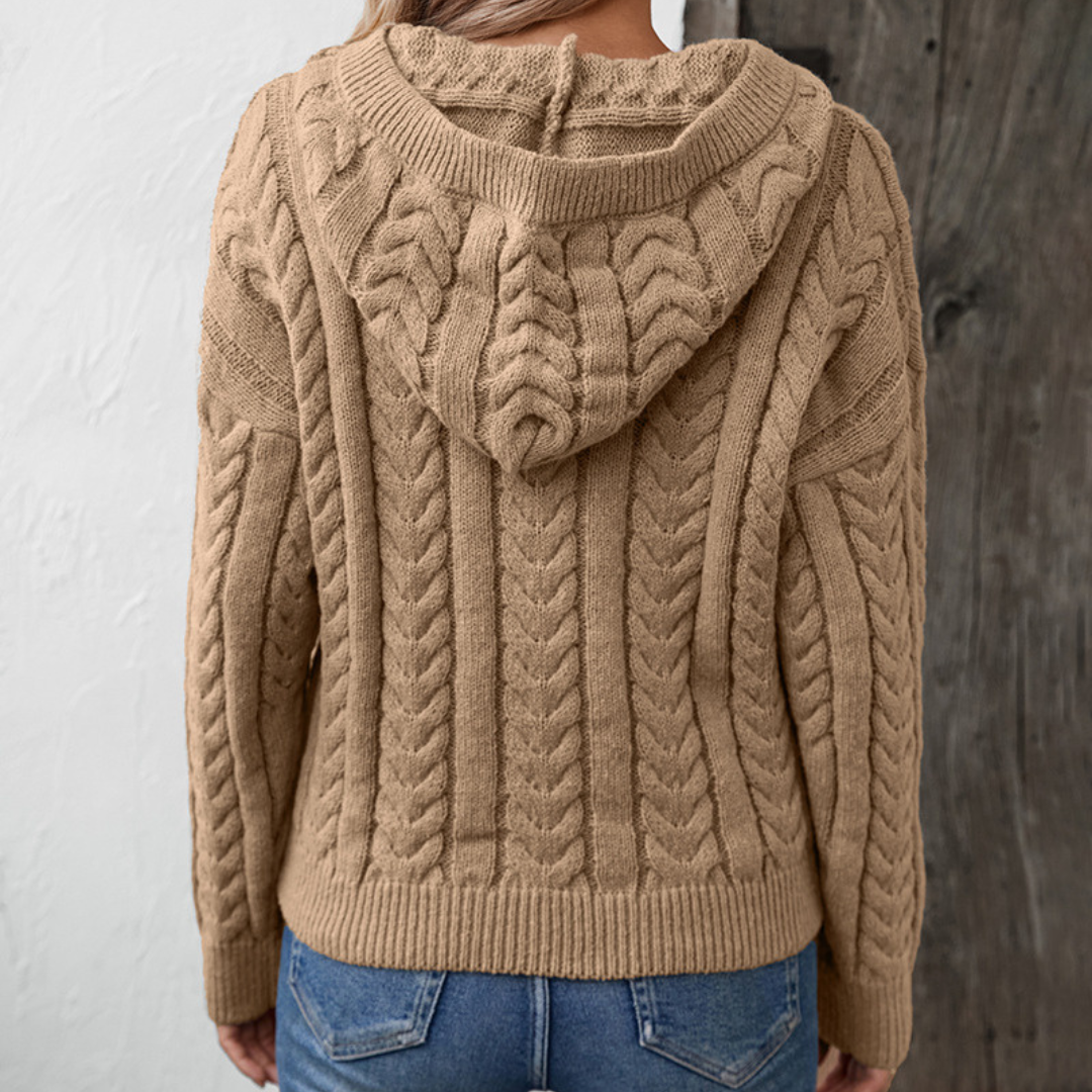 Women's Cable Knit Hooded Sweater Button-Placket Henley Relaxed Pullover Cozy