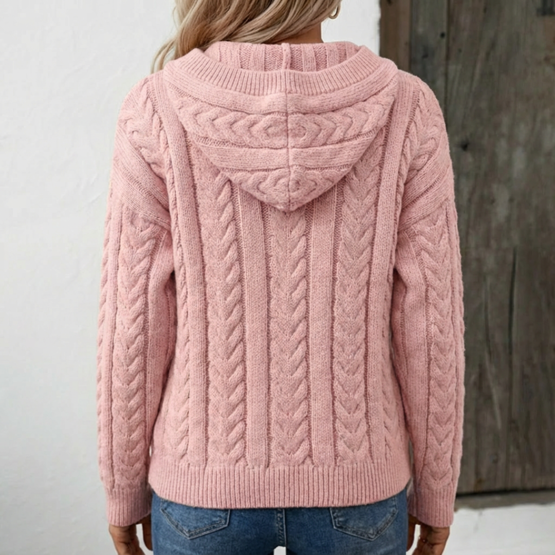 Women's Cable Knit Hooded Sweater Button-Placket Henley Relaxed Pullover Cozy