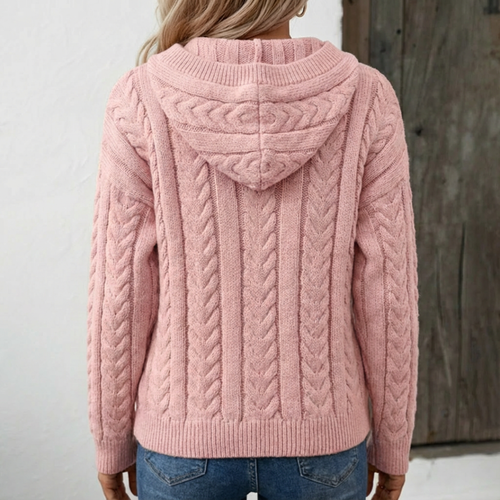 Women's Cable Knit Hooded Sweater Button-Placket Henley Relaxed Pullover Cozy