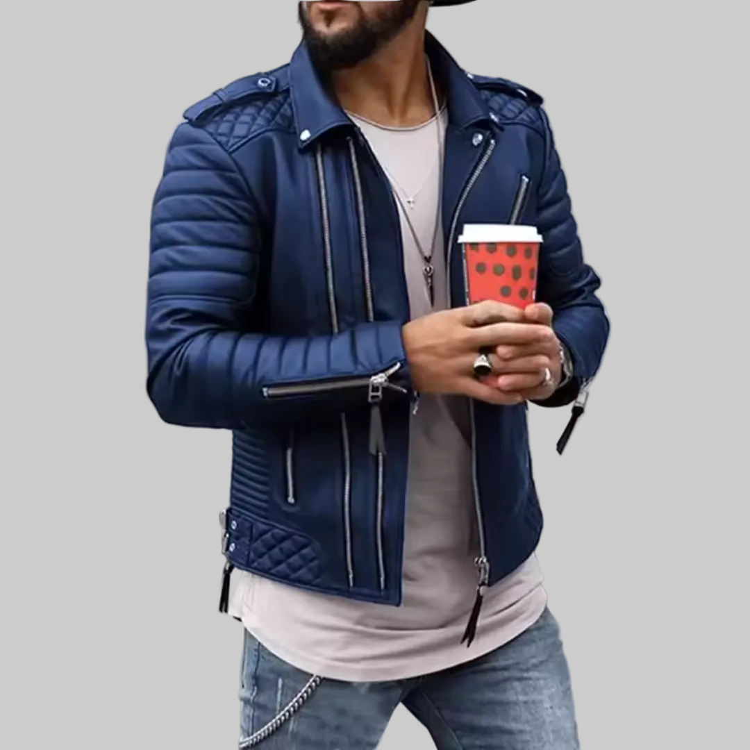 Men's Faux Leather Moto Jacket Asymmetric Zip Quilted Shoulder Lapel Biker Style