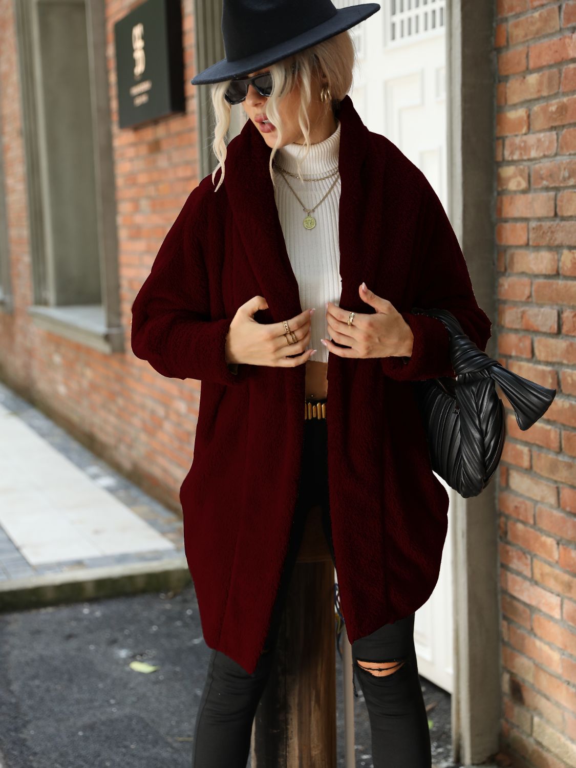 Women's Teddy Fleece Coat Shawl Collar Open-Front Oversized Cozy Warm