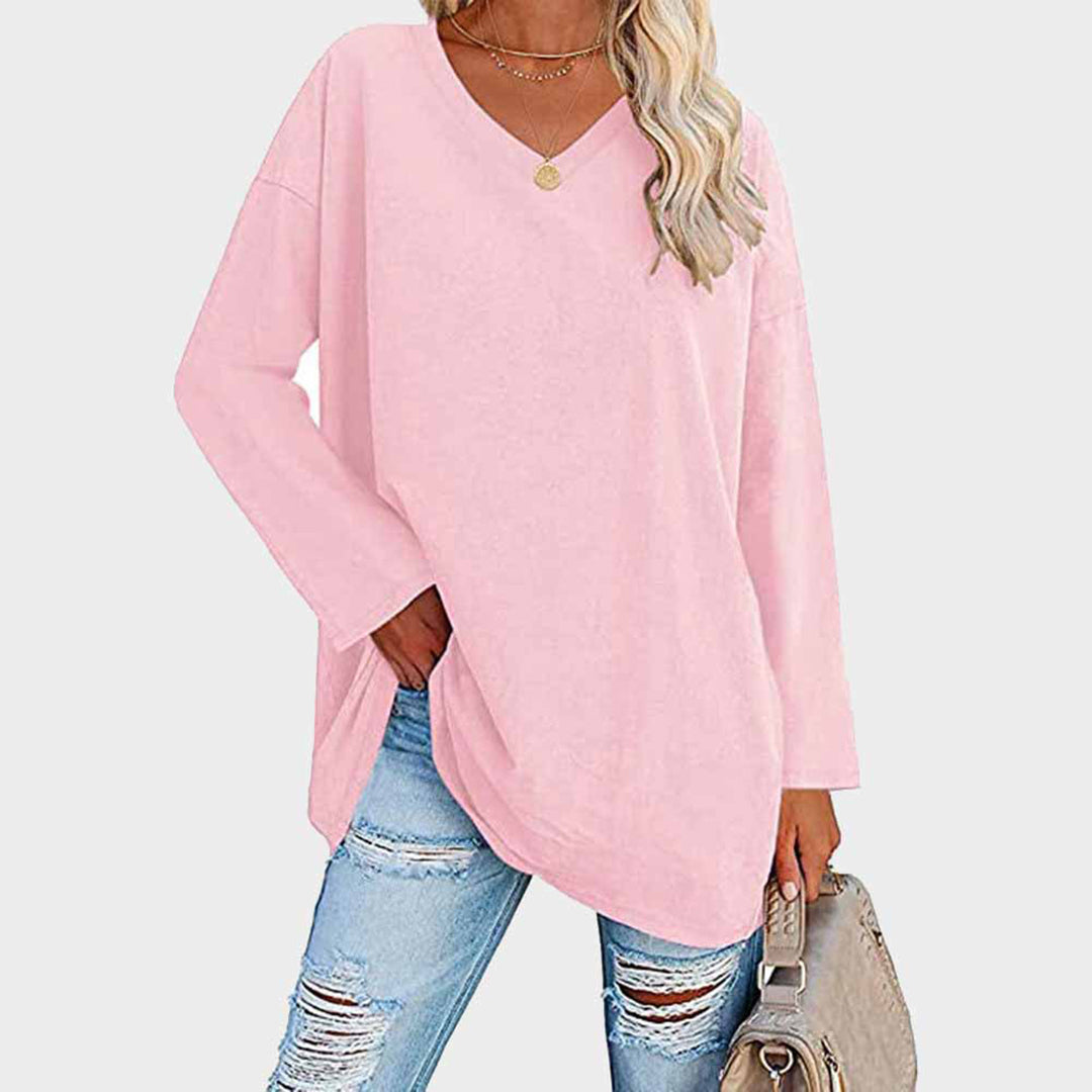 Women's Oversized Tunic Top V-Neck Long Sleeve Drop Shoulder Side-Slit Relaxed Pullover