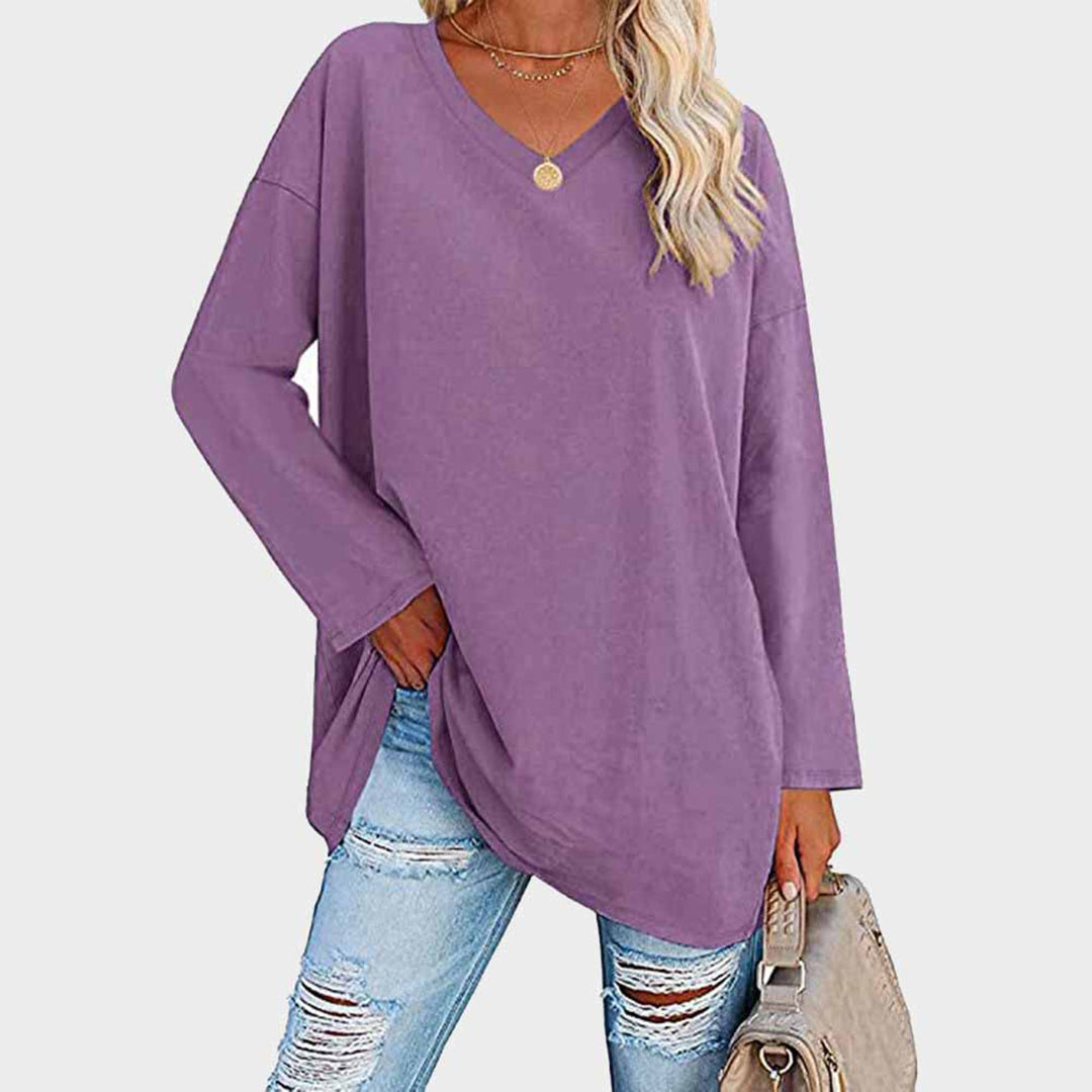 Women's Oversized Tunic Top V-Neck Long Sleeve Drop Shoulder Side-Slit Relaxed Pullover