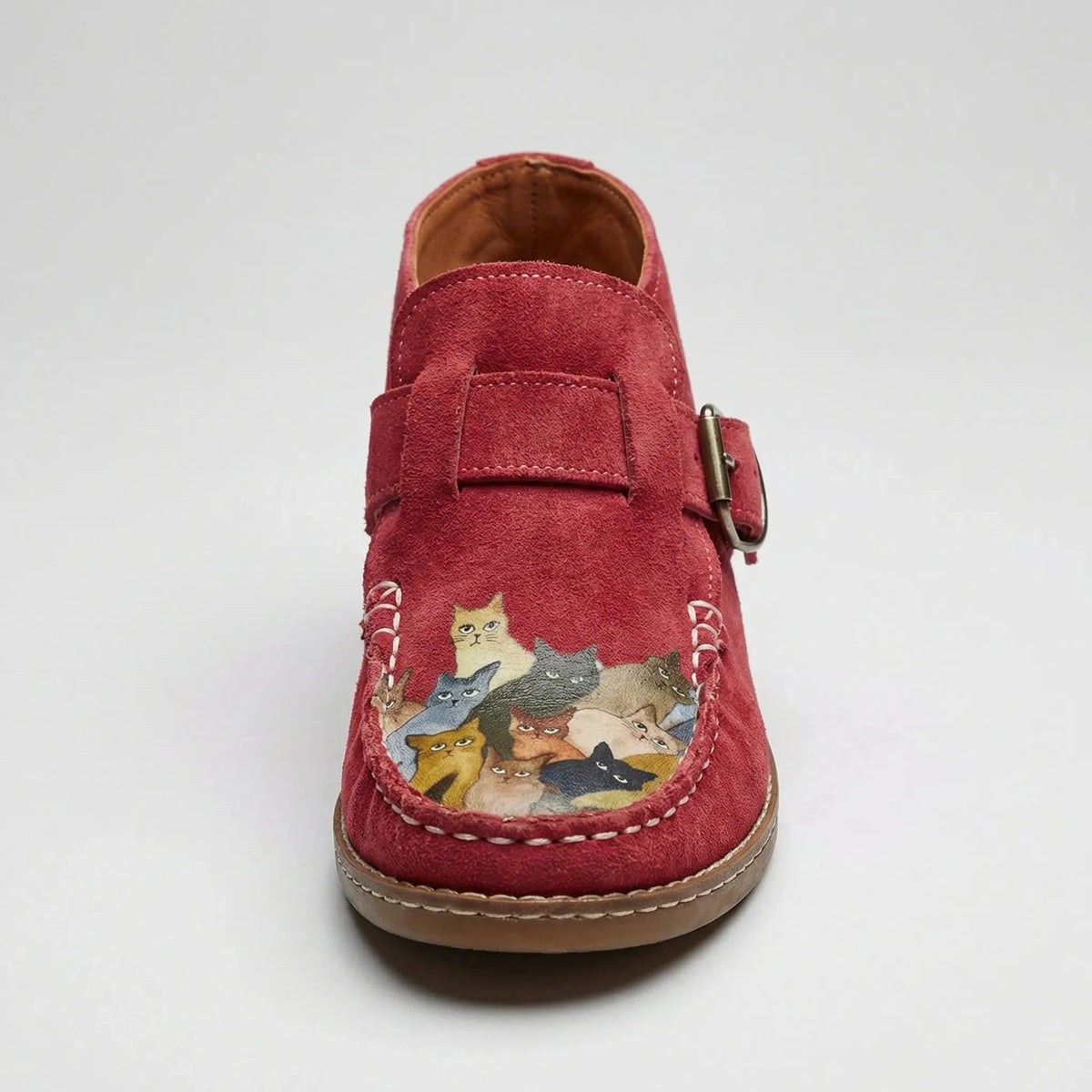 Women's Suede Ankle Boots Cat Print Buckle Strap Flat Round Toe Moccasin Booties