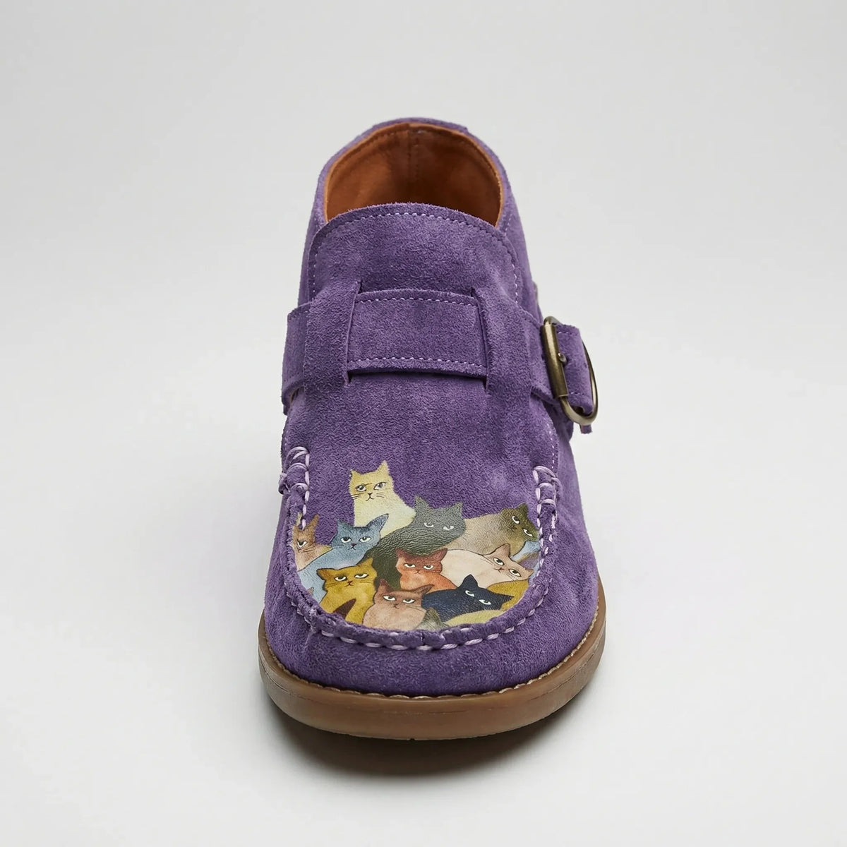 Women's Suede Ankle Boots Cat Print Buckle Strap Flat Round Toe Moccasin Booties