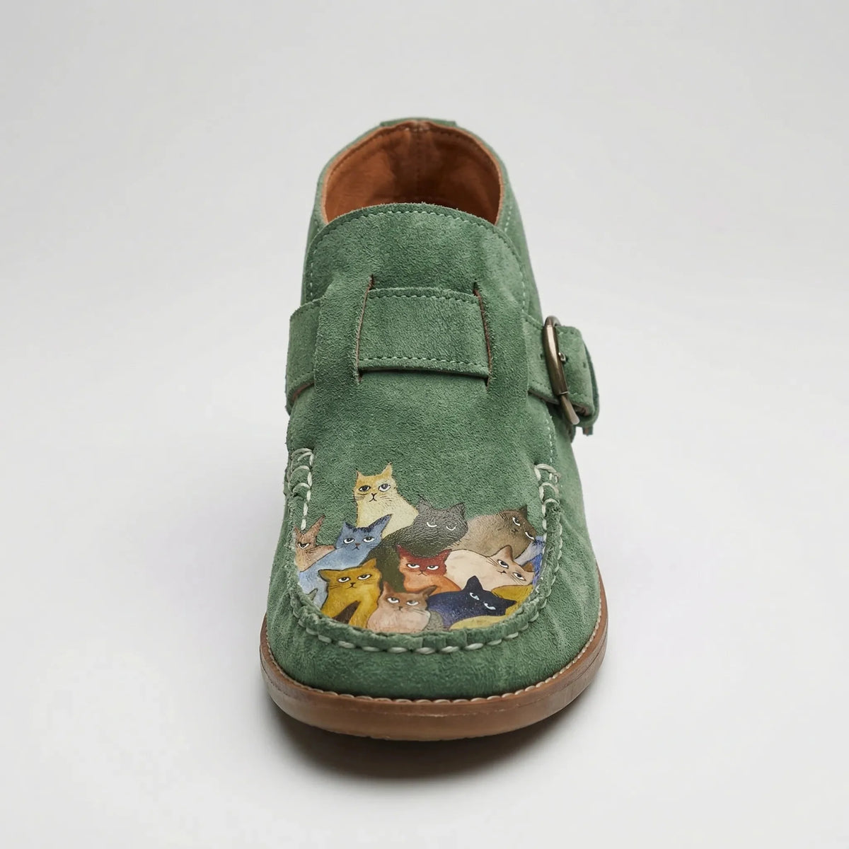 Women's Suede Ankle Boots Cat Print Buckle Strap Flat Round Toe Moccasin Booties