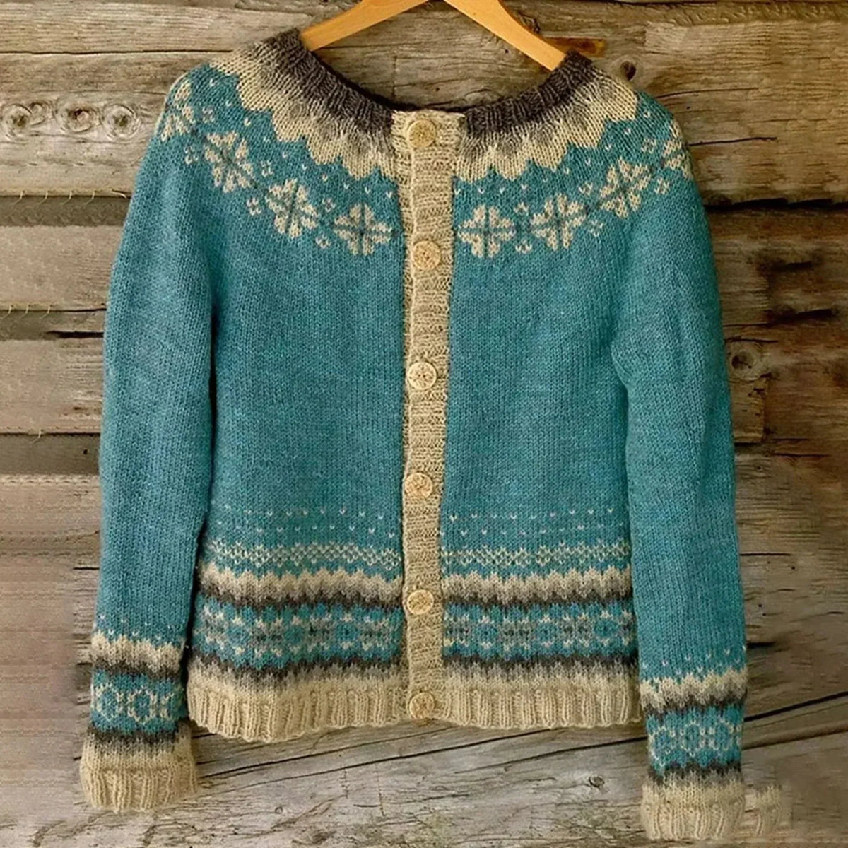Women's Fair Isle Knit Cardigan Round Neck Button-Front Nordic Relaxed