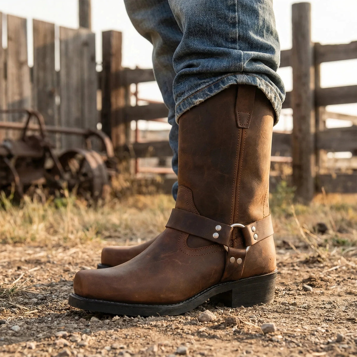 Men's Leather Western Harness Boots Square Toe Pull-On Mid-Calf Biker Riding