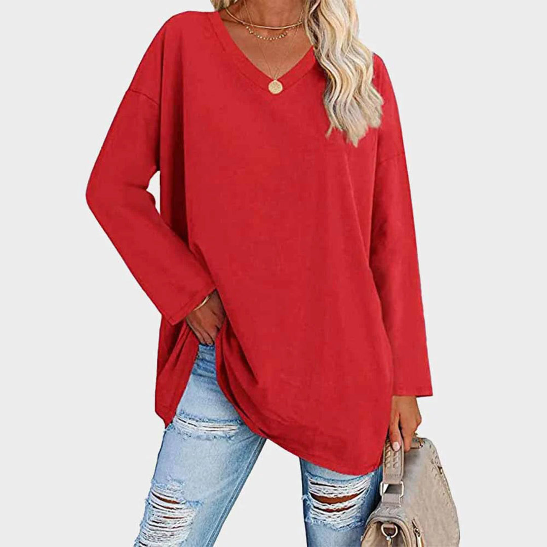 Women's Oversized Tunic Top V-Neck Long Sleeve Drop Shoulder Side-Slit Relaxed Pullover