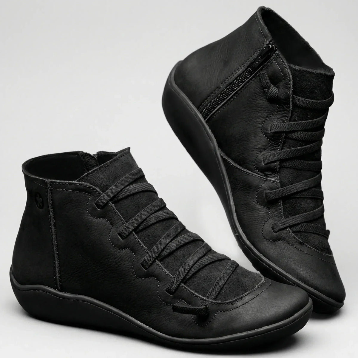 Women's Leather Ankle Boots Lace-Up Side Zip Flat High-Top Comfort Booties
