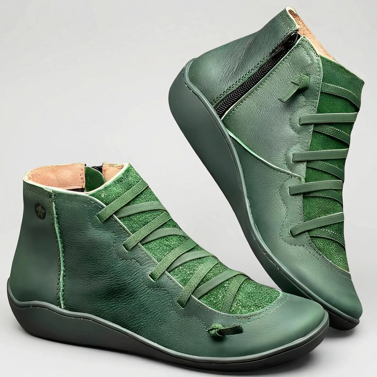 Women's Leather Ankle Boots Lace-Up Side Zip Flat High-Top Comfort Booties