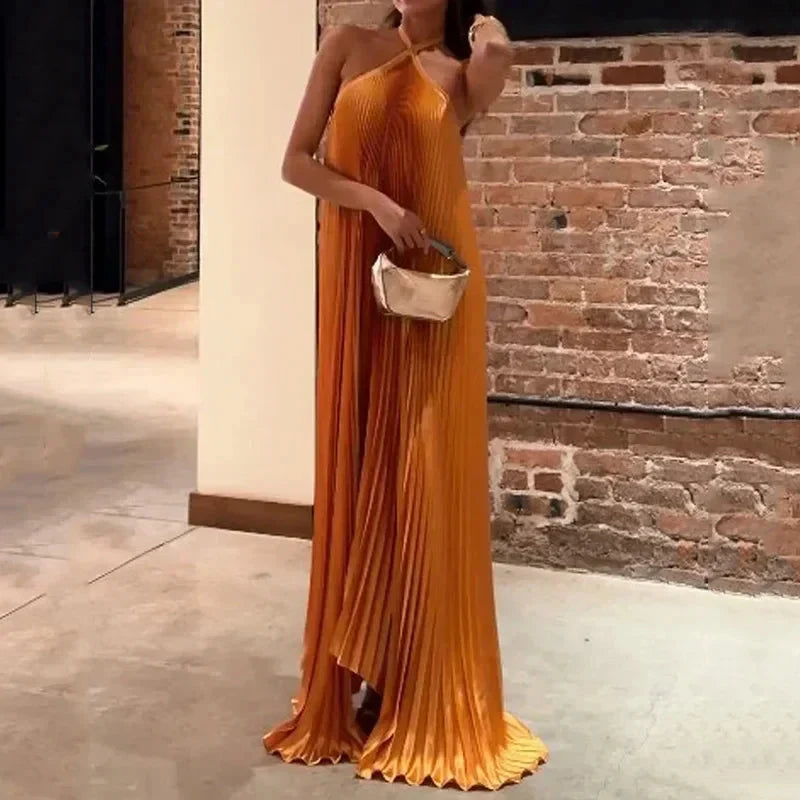 Women's Pleated Maxi Dress Halter Neck Flowy Sleeveless Elegant Orange