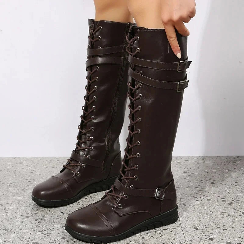 Women's Leather Knee-High Boots Lace-Up Buckle Strap Side-Zip Tall Flat
