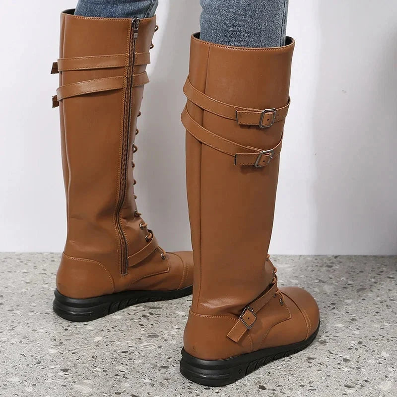 Women's Leather Knee-High Boots Lace-Up Buckle Strap Side-Zip Tall Flat