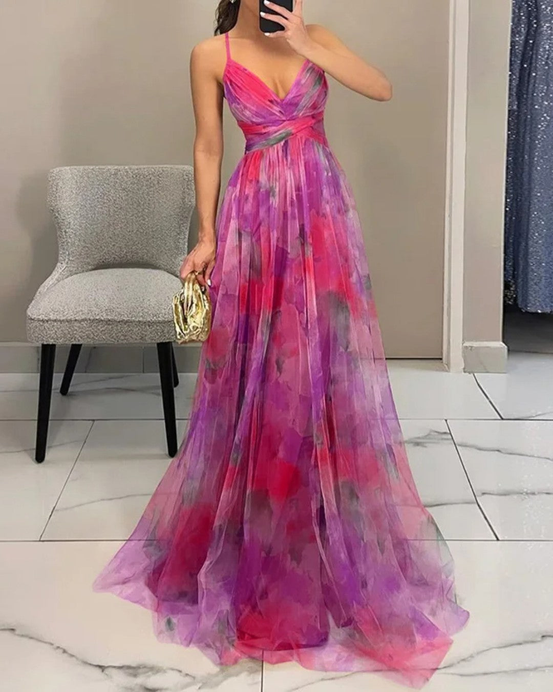 Women's Floral Tulle Maxi Dress V-Neck Spaghetti-Strap Flowy Elegant Summer