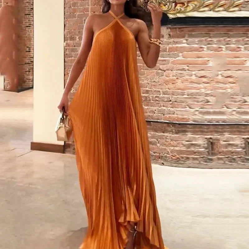 Women's Pleated Maxi Dress Halter Neck Flowy Sleeveless Elegant Orange